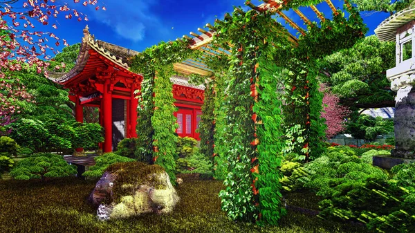 Jardin dans le style chinois et plantes rendu 3d — Photo