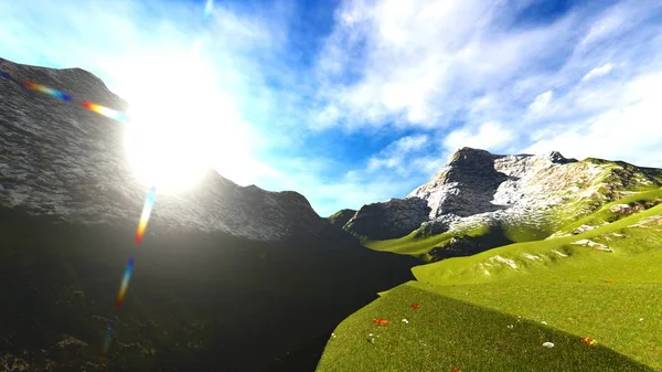 Paysage estival idyllique dans les Alpes rendu 3d — Photo