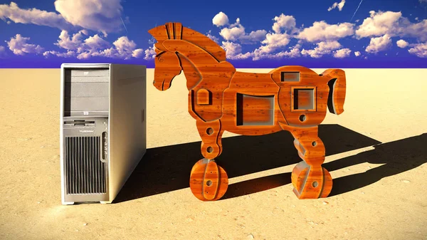 Cavallo di Troia e computer 3d illustrazione — Foto Stock