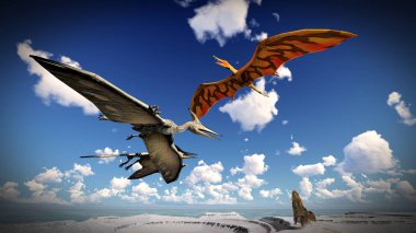 Pterodactyl arazi 3d çizim üzerinde uçan