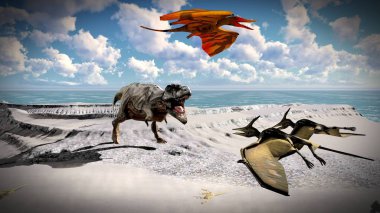 Pterodactyl arazi 3d çizim üzerinde uçan