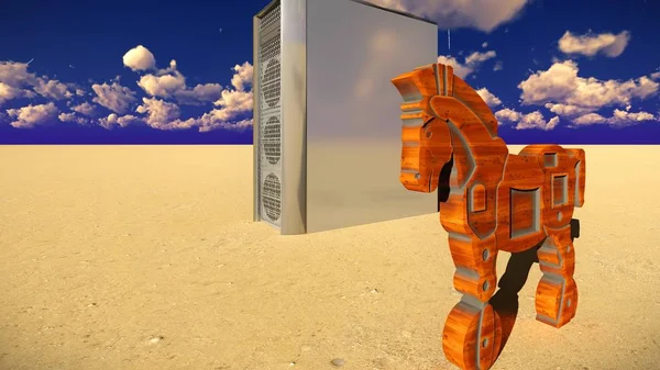 Trojanisches Pferd und Computer 3D Illustration — Stockfoto