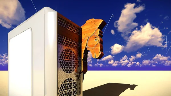 Caballo de Troya y computadora 3d ilustración — Foto de Stock