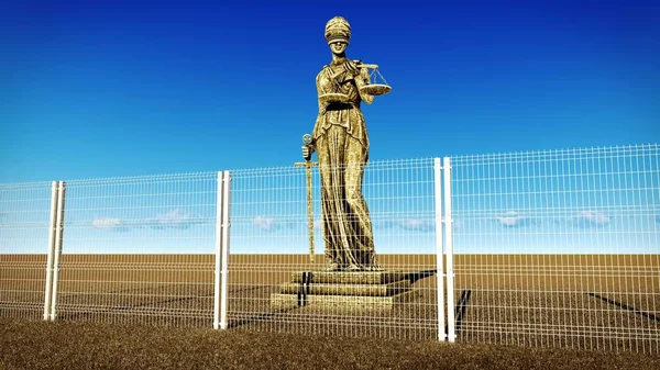 法律とワイヤー フェンス 3 d レンダリングの背後にある正義のギリシャの女神 — ストック写真