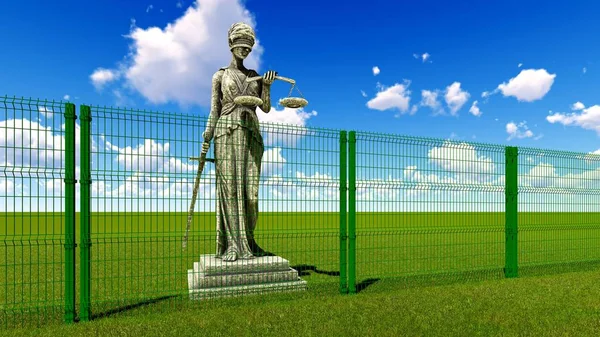 Görög istennő, a jog és igazságosság mögött huzal kerítés 3d-leképezés — Stock Fotó