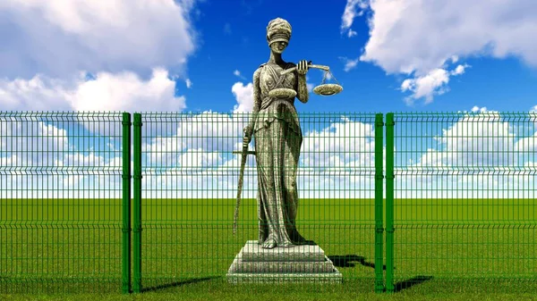 Грецької богині права та правосуддя позаду дріт огорожі 3d-рендерінг — стокове фото