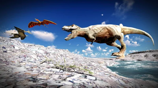 Pterodactyl arazi 3d çizim üzerinde uçan — Stok fotoğraf