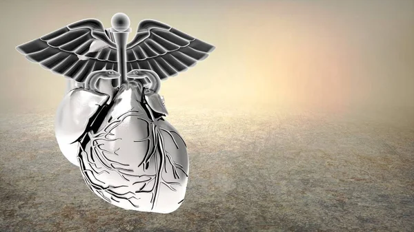 Símbolo Caduceo dentro del Corazón Humano sobre un fondo blanco. Renderizado 3d — Foto de Stock