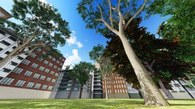 Yeşil Şehir Parkı güneşli ve güzel yaz gün 3d render içinde