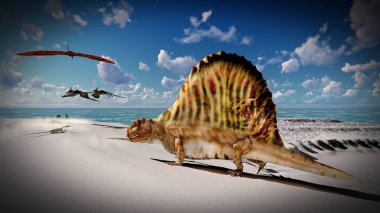 Pterodactyl arazi 3d çizim üzerinde uçan