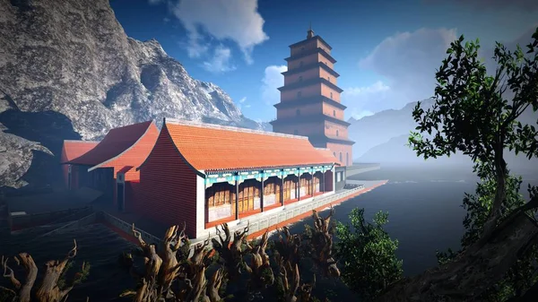 Temple solaire - Sanctuaire bouddhiste dans l'Himalaya rendu 3d — Photo