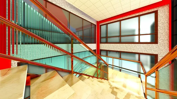 Escadaria brilhante no edifício moderno 3d renderização — Fotografia de Stock