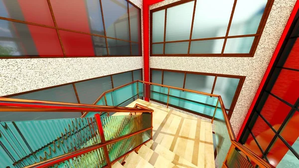 Escalera brillante en el moderno edificio 3d renderizado —  Fotos de Stock