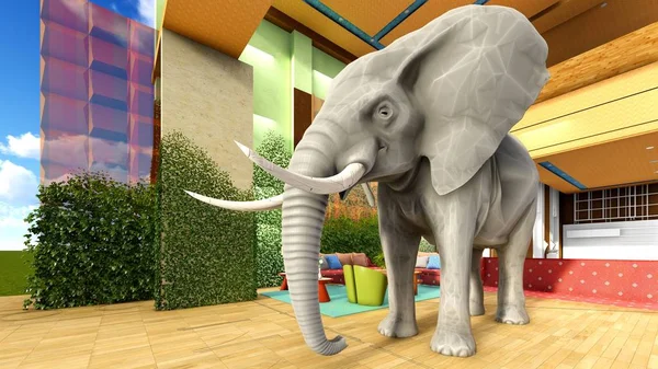 Pink elephant in the living room 3d rendering