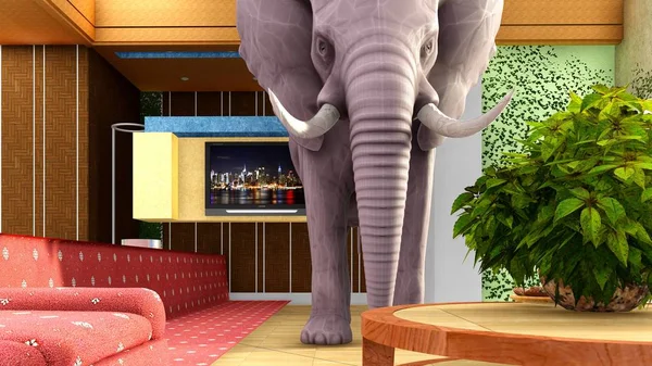 Elefante rosa en la sala de estar 3d renderizado — Foto de Stock