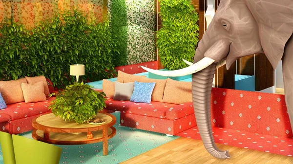 Rosa Elefant im Wohnzimmer 3D-Rendering — Stockfoto