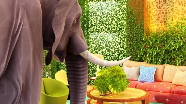 Pink elephant in the living room 3d rendering