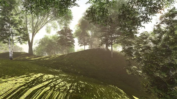 Forest at the lake shore in summer 3d rendering — Stock Photo, Image