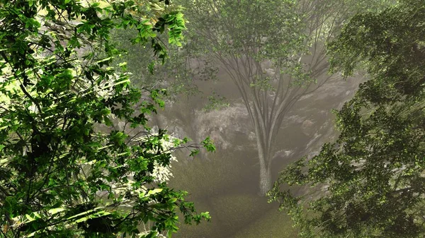 Bosque en la orilla del lago en verano 3d renderizado —  Fotos de Stock