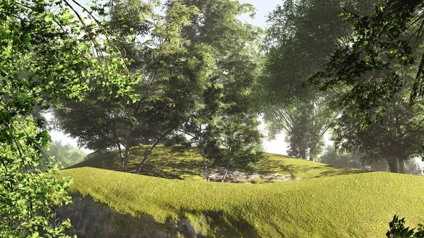 Forest at the lake shore in summer 3d rendering — Stock Photo, Image