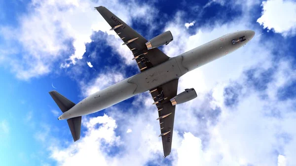 Aereo generico jet in un bel cielo nuvoloso rendering 3d — Foto Stock