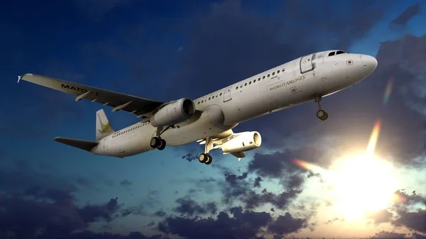 Generic jet airliner in a beautiful cloudy sky 3d rendering — Stock Photo, Image