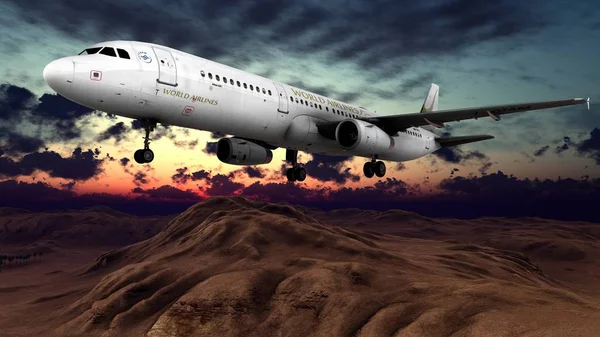 Avión jet genérico en un hermoso cielo nublado 3d renderizado — Foto de Stock