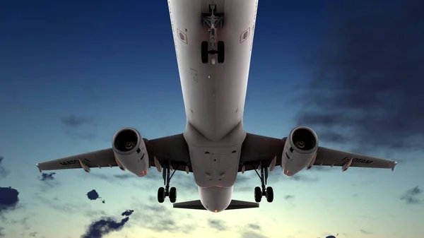 美しい曇り空の 3 d レンダリングで一般的なジェット旅客機 — ストック写真