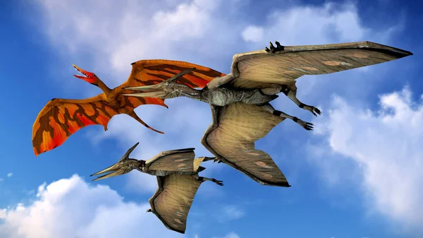Voando pterodáctilo contra a bela paisagem nublada ilustração 3d — Fotografia de Stock