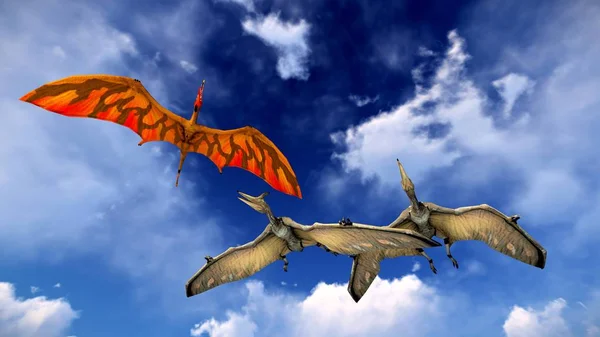 Flygande pterodactyl mot den vackra molnlandskap 3d illustrationen — Stockfoto