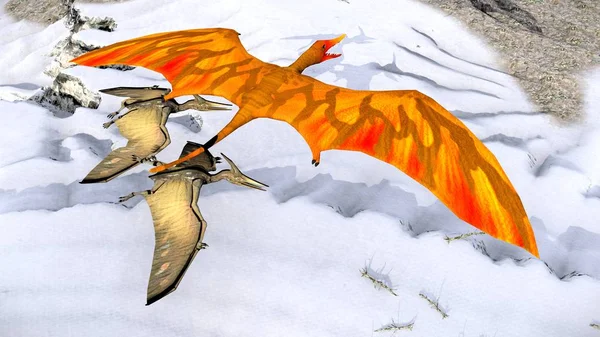 Flygande pterodactyl mot den vackra molnlandskap 3d illustrationen — Stockfoto