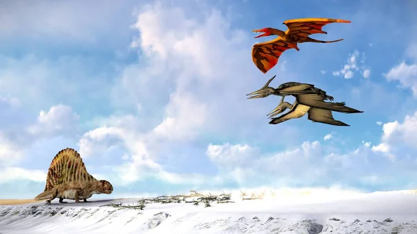 Ptérodactyle volant contre le beau paysage nuageux illustration 3D — Photo