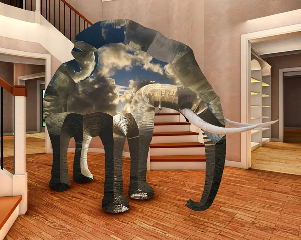 Elefant im Wohnzimmer 3D-Rendering — Stockfoto