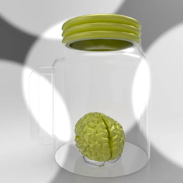 Cérebro humano em um frasco de vidro 3d renderização — Fotografia de Stock