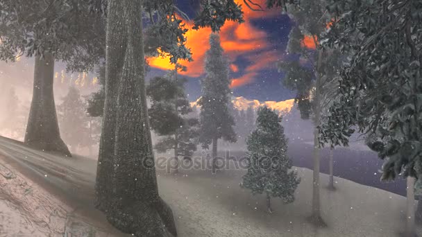 Schnee bedeckte Weihnachtswald in den Bergen 3D-Rendering — Stockvideo