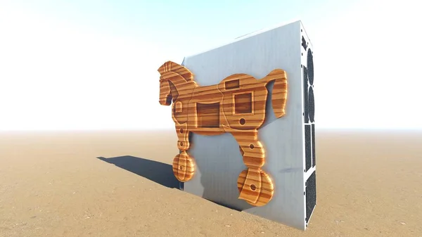 Cavallo di Troia e computer 3d rendering — Foto Stock