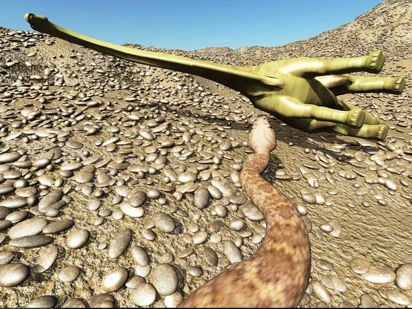 Динозавры Юрского периода доисторической сцены борьбы динозавров со змеей 3D рендеринга — стоковое фото