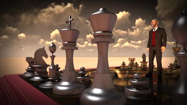 Empresario con tablero de ajedrez. Concepto de lluvia de ideas — Vídeo de stock