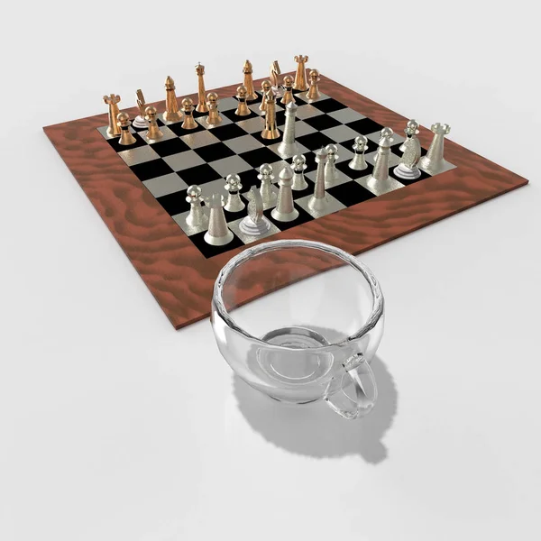 Φλιτζάνι καφέ και σκάκι 3d rendering — Φωτογραφία Αρχείου