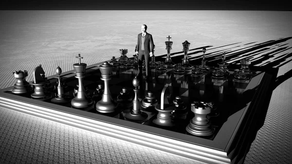 Zakenman met schaakbord. Brainstormen concept 3D-rendering — Stockfoto