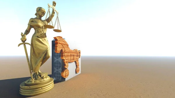 Caballo de Troya y computadora. Concepto de ley. renderizado 3d — Foto de Stock