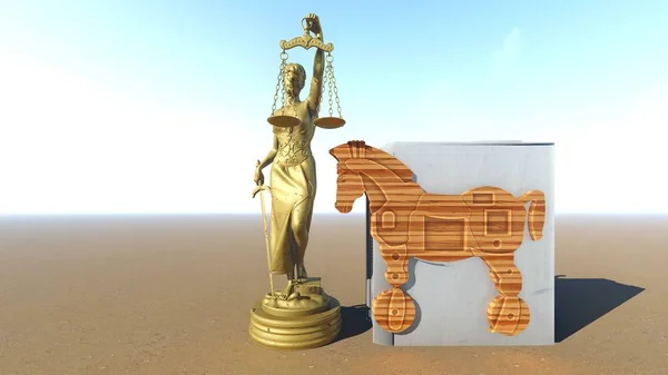 Trojan horse and computer. Law conception. 3d rendering — Stock Photo, Image