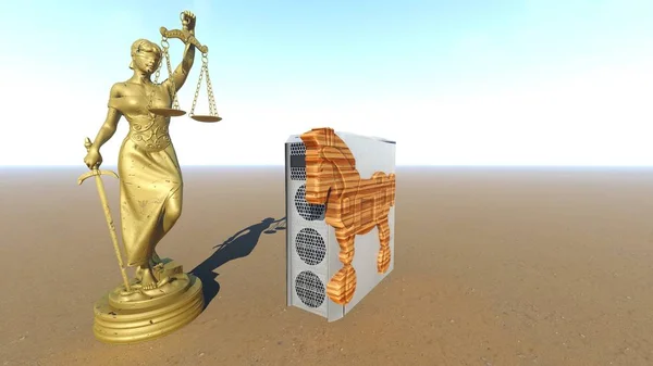 Trojan horse and computer. Law conception. 3d rendering — Stock Photo, Image