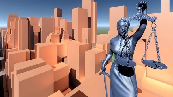 正义，犯罪的城市概念，Temida-Themis 3d 渲染的雕像 — 图库照片