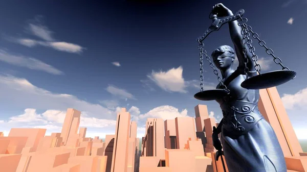 Estatua de la justicia, Crimen en concepto de ciudad, Temida - Themis 3d rendering — Foto de Stock