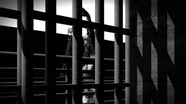 Barlar ve bir koridor 3d render cezaevi