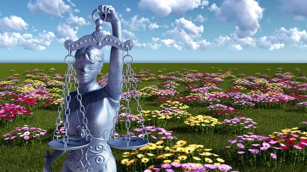 Lady Justitie en bloemen - 3d illustratie — Stockfoto