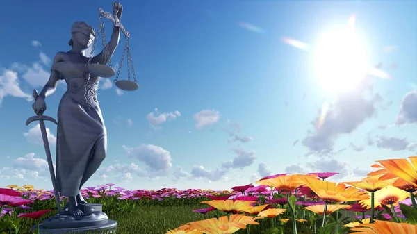 Paní spravedlnost a květiny - 3d ilustrace — Stock fotografie