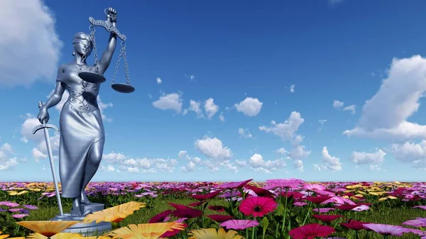 Dame der Gerechtigkeit und Blumen - 3D-Illustration — Stockfoto