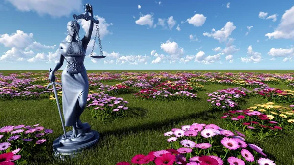 Lady of justice and flowers - 3d illustration — Stock Photo, Image